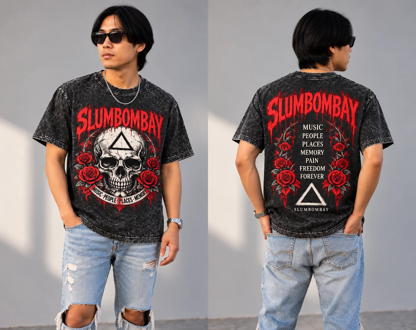เสื้อกราฟิกโทนแดง–ดำ · หน้าและหลัง