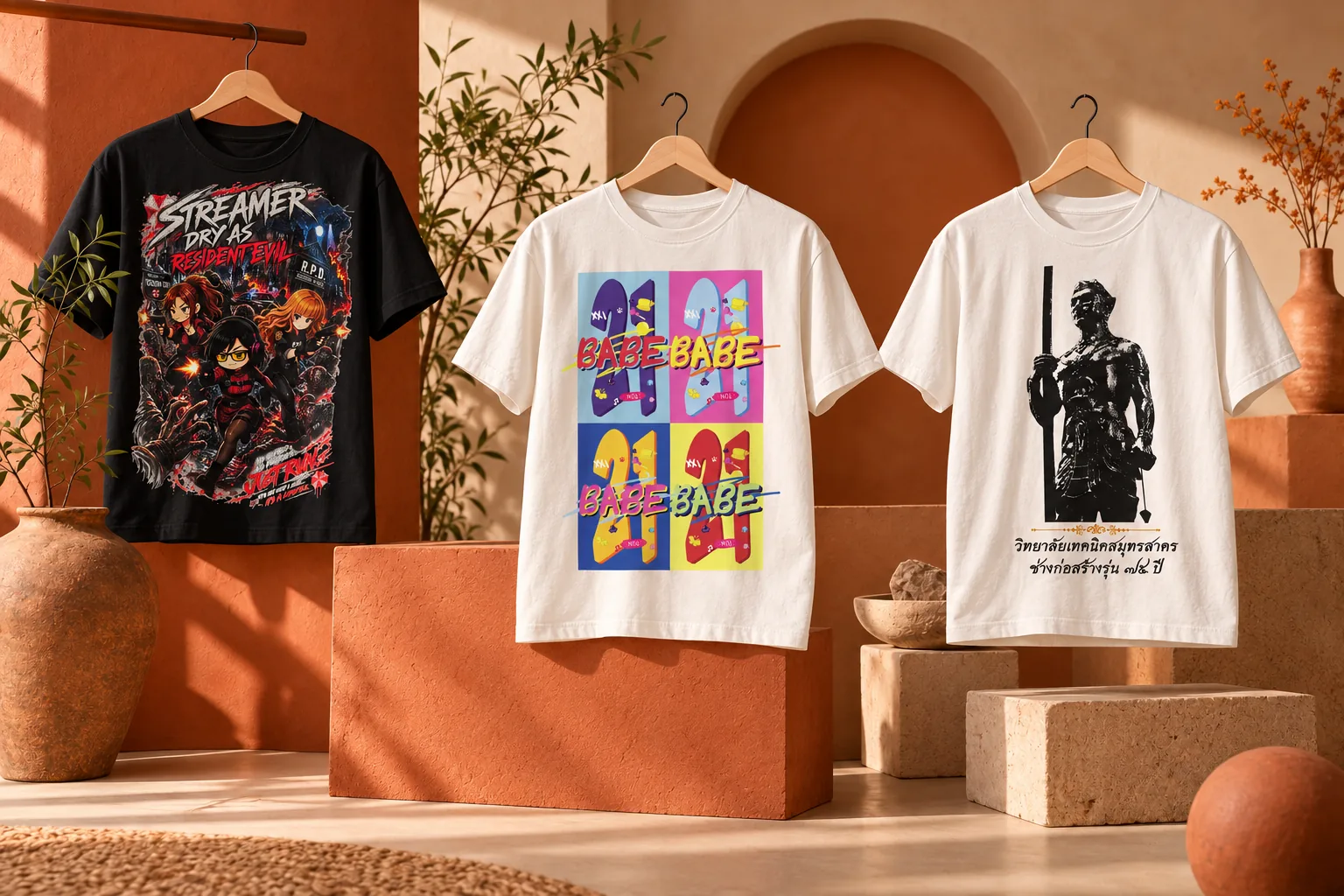 ภาพจำลองเสื้อสามแบบ อ้างอิงลายจากผลงานที่ร้านเคยผลิต